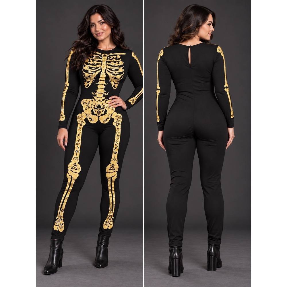 NWT H&M Black & Gold Floral Skeleton Jumpsuit Halloween Costume Women's L